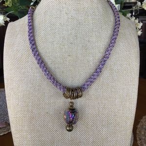 Vintage Purple  Pendant Rhinestone Necklace Goldtone Beaded Boho Twist Statement
